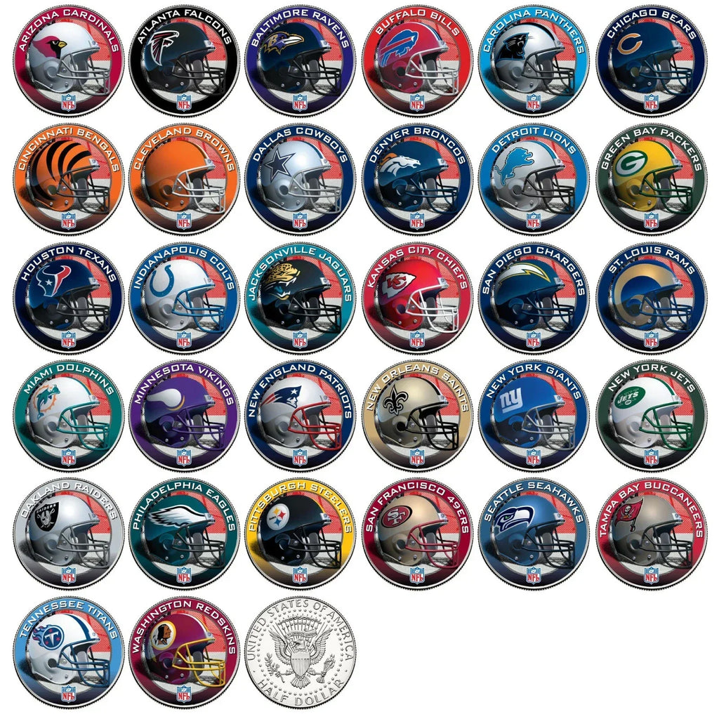 NFL HELMET LOGOS JFK Half Dollar US Football Coins OFFICIALLY LICENSED 32 TEAMS